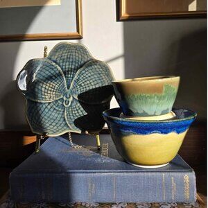 Lot of Three Pottery Objects Orchid Plate, Blossom Bowls
